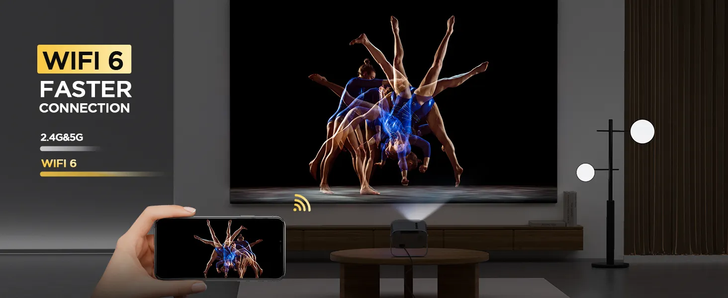 Sovboi projector mirroring a phone over Wi-Fi 6, faster than 2.4G and 5G