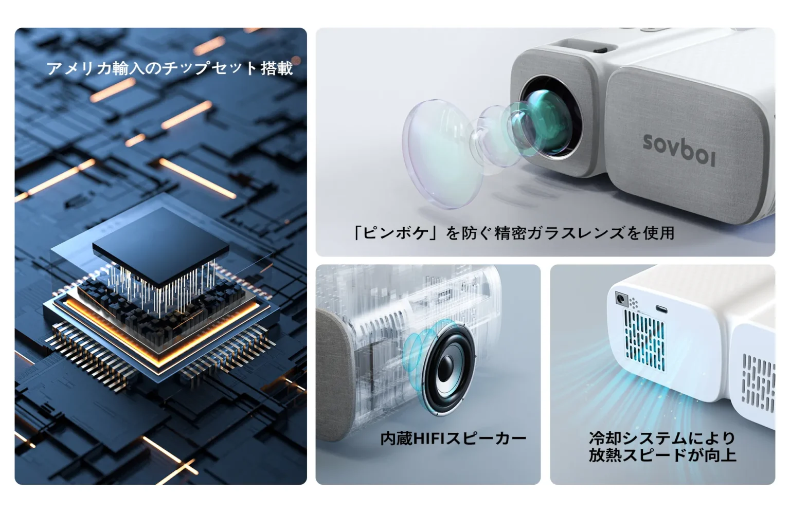 Chipset render, precision glass lens, HiFi speaker and cooling vents