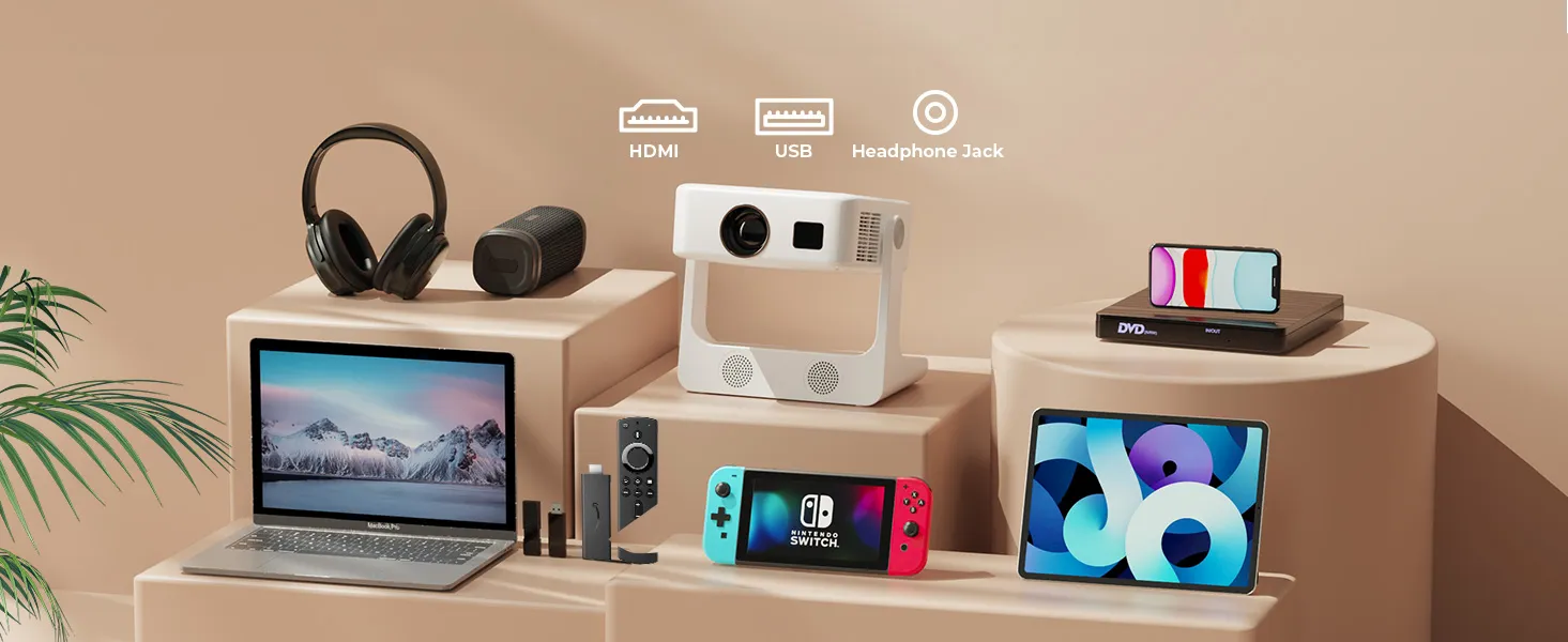 S61Pro surrounded by laptop, Switch, tablet, DVD player and speakers