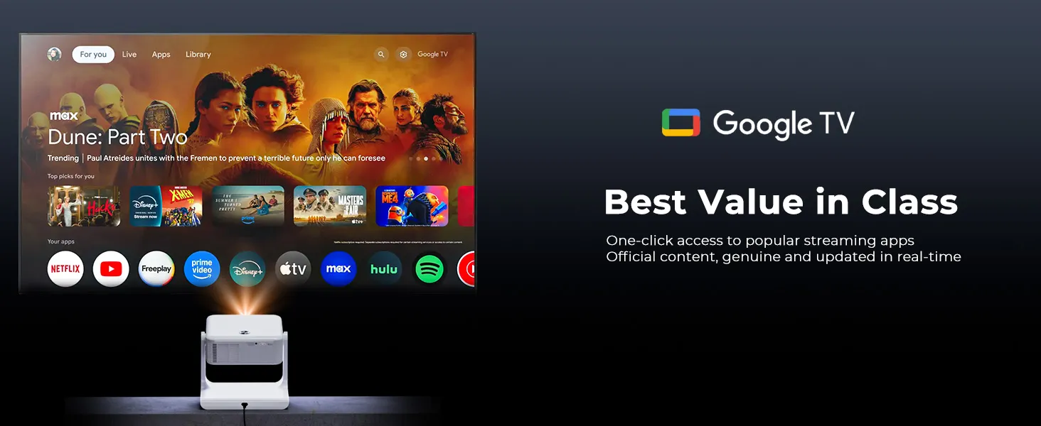 S61Pro projecting the Google TV home screen with streaming app row