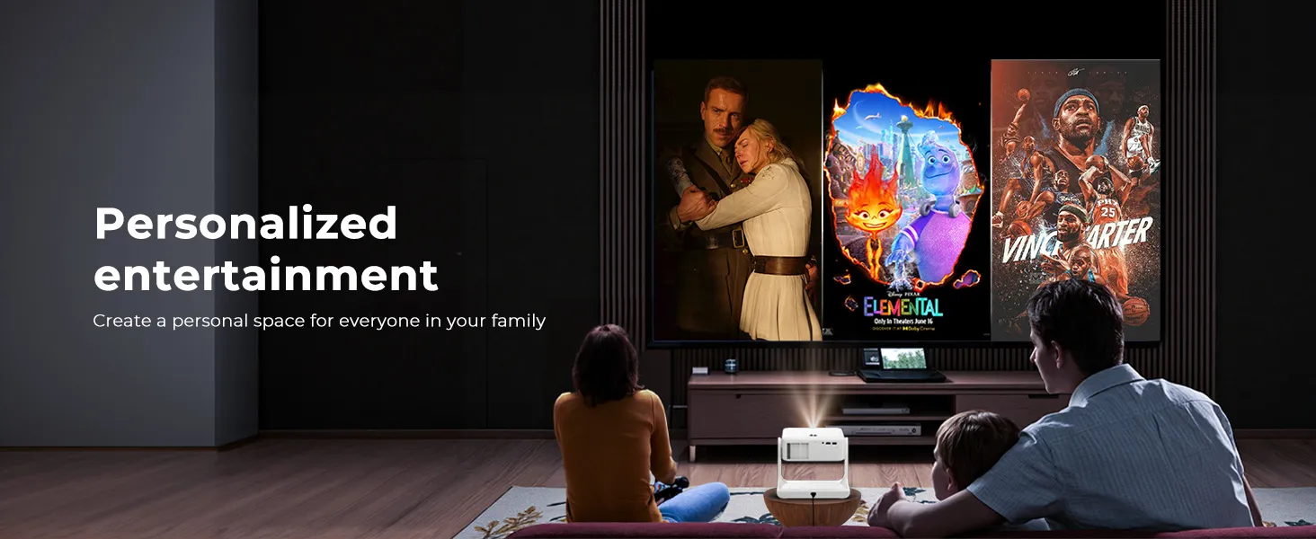 Family watching three personalized watchlists projected on a dark wall