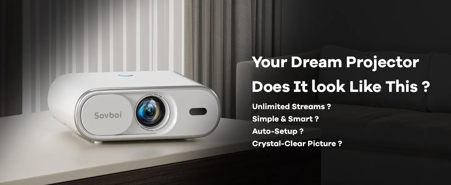 E30MAX projector on a side table, auto-setup smart projection