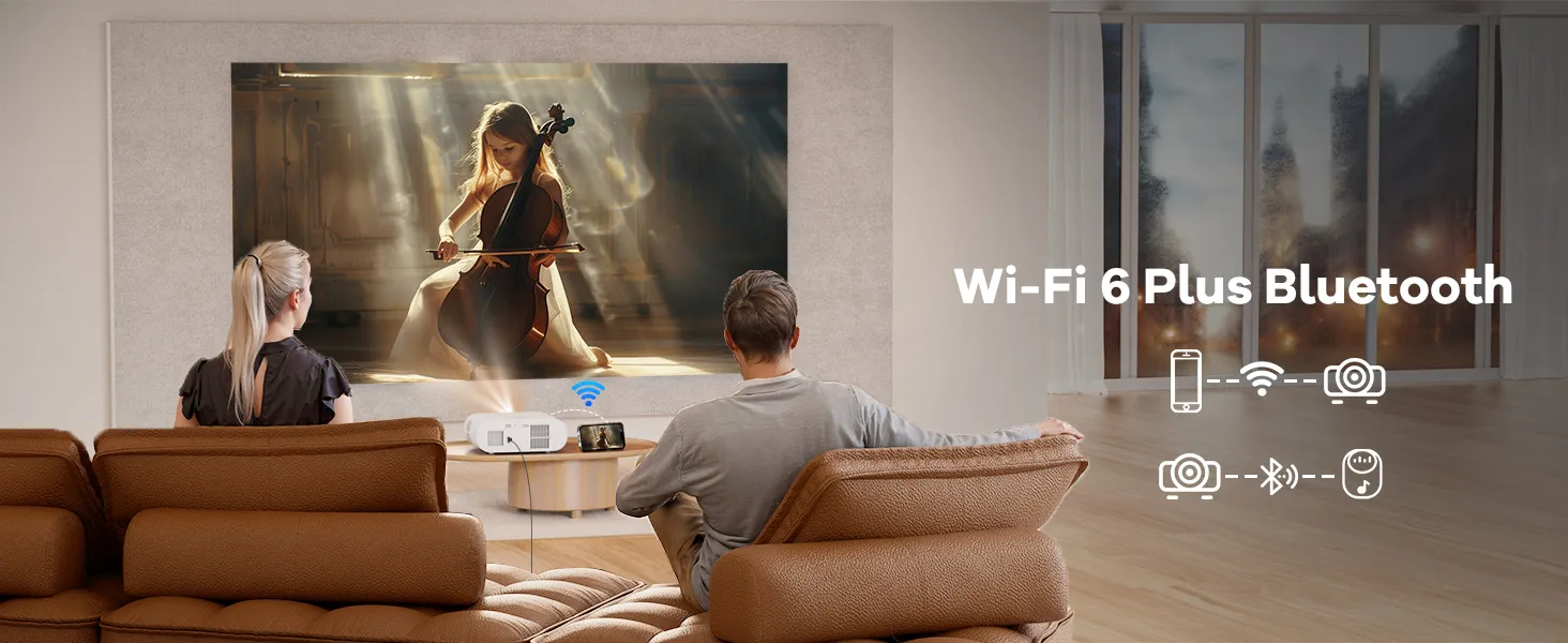 Living room scene showing Wi-Fi and Bluetooth pairing diagram
