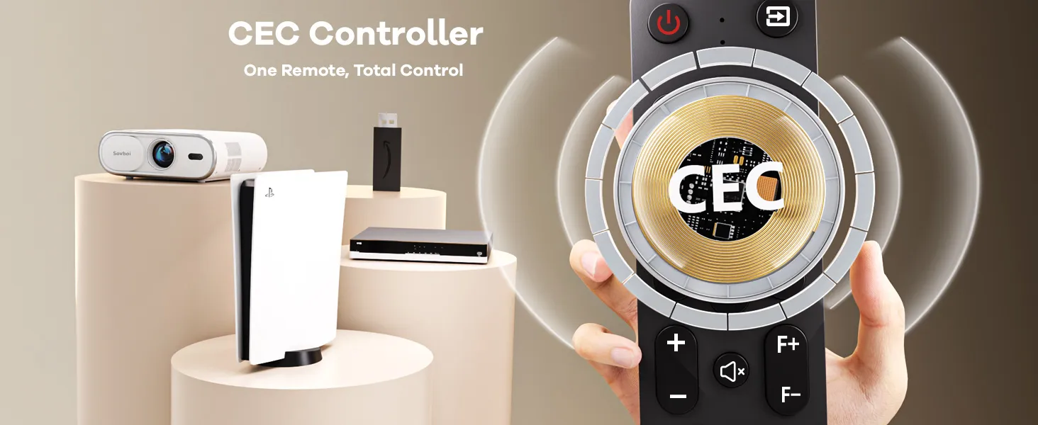Remote with CEC chip illustration controlling projector and console