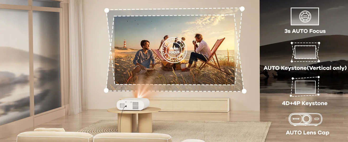 Auto-corrected projection frame with auto focus and keystone icons