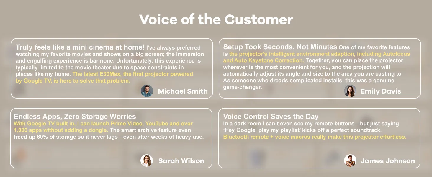 Four customer quote cards titled Voice of the Customer
