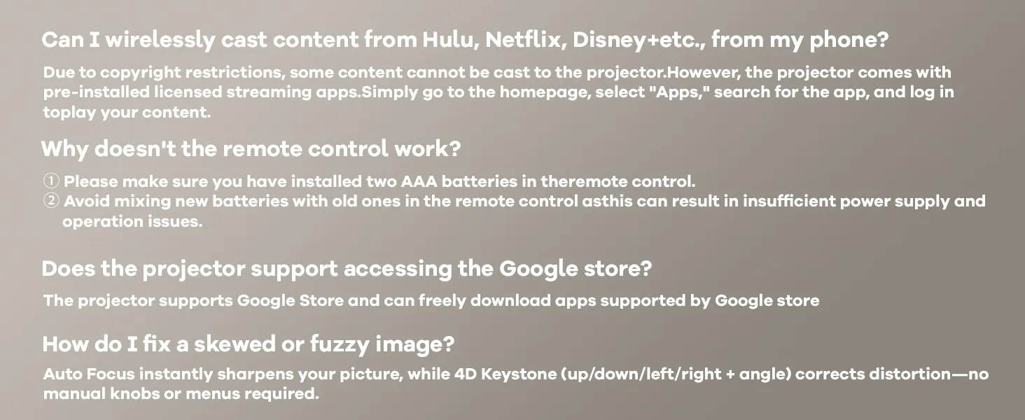 FAQ answers about casting, remote batteries, Google store and image fixes