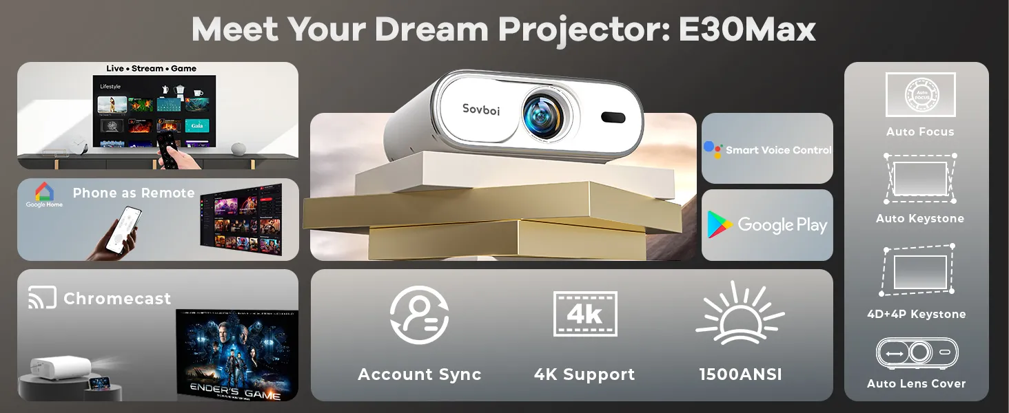 E30MAX projector with 4K support, cinema-grade brightness, Google Play and smart voice control