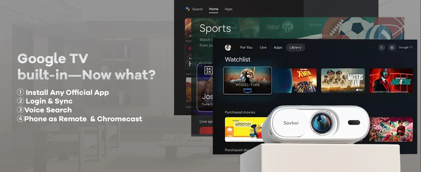 E30MAX with Google TV interface projected on the wall