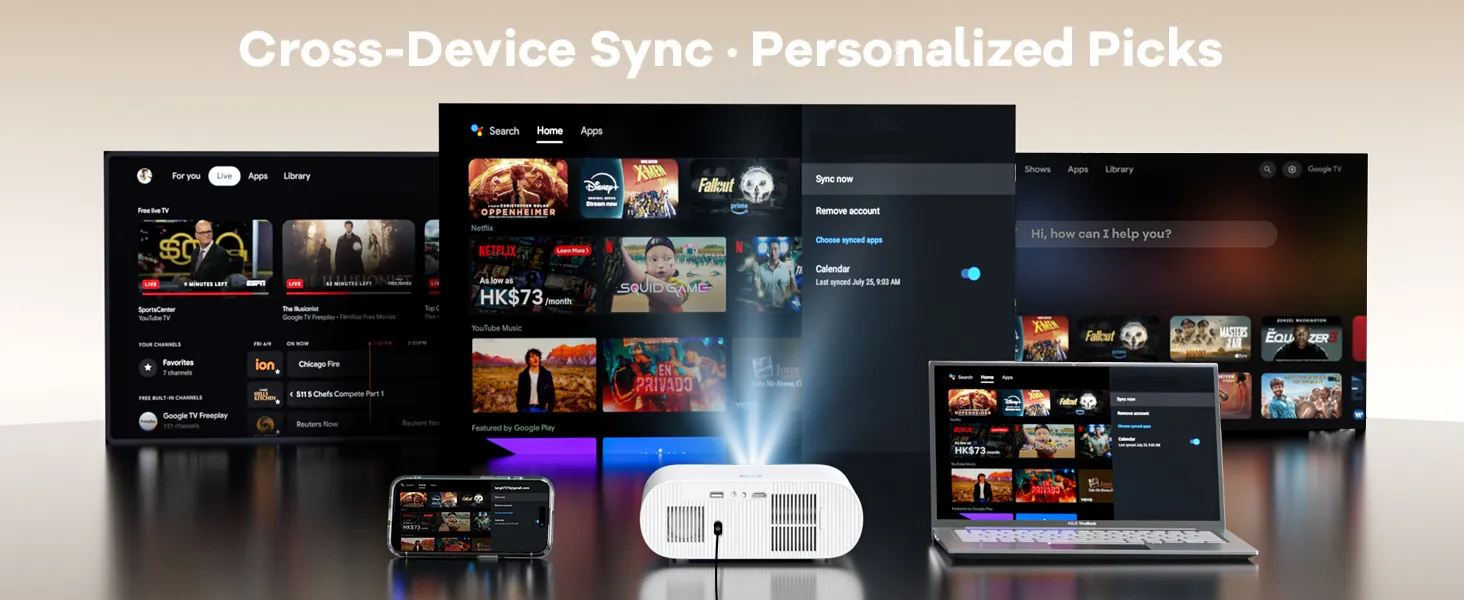 Google TV home screens synced across projector, phone and laptop