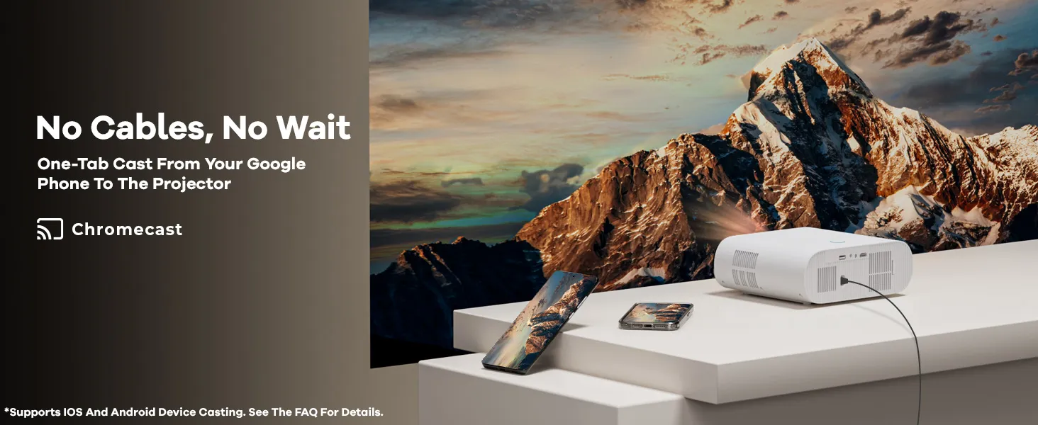 Phones next to the E30MAX casting a mountain scene with Chromecast