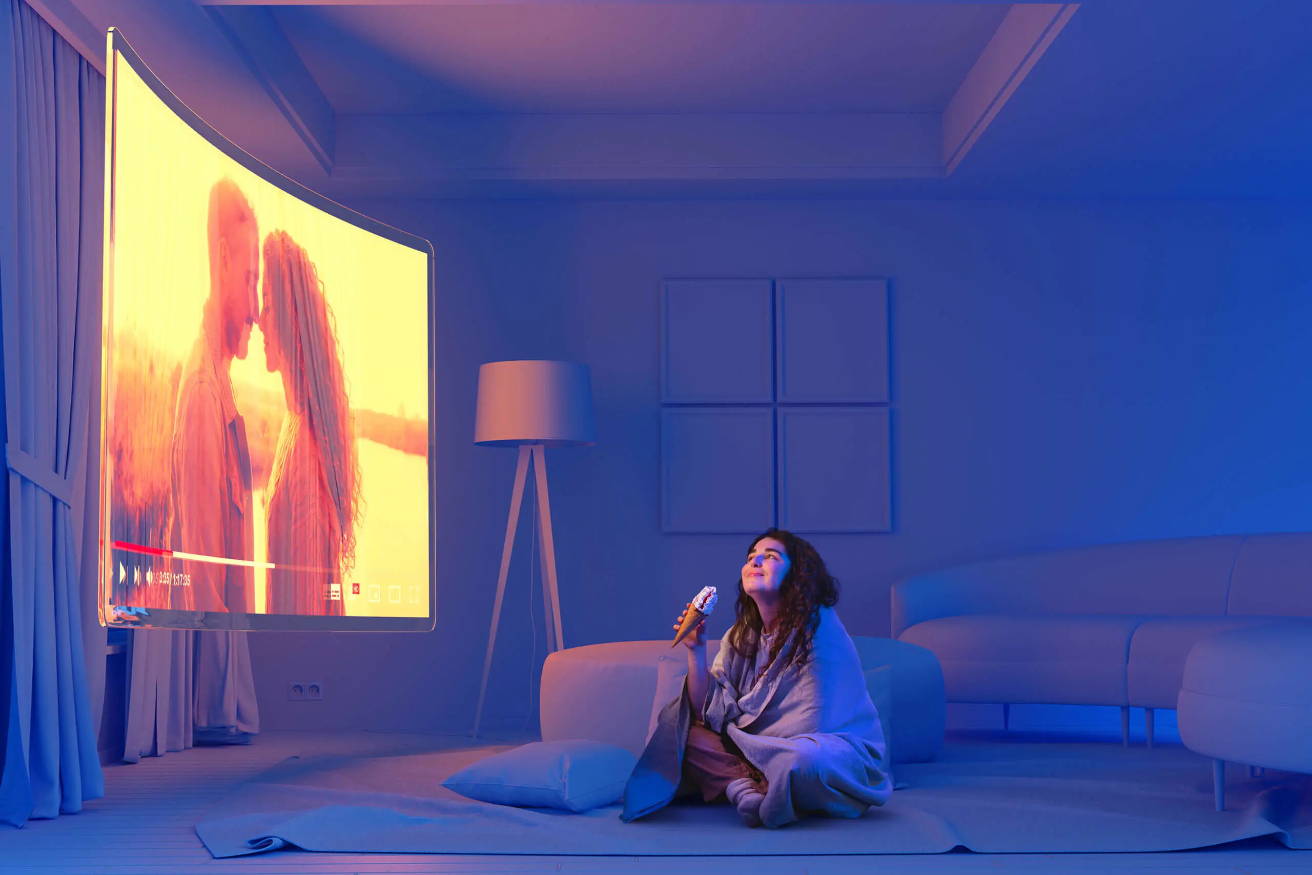 A woman relaxing in a dim living room, watching a large floating projection screen